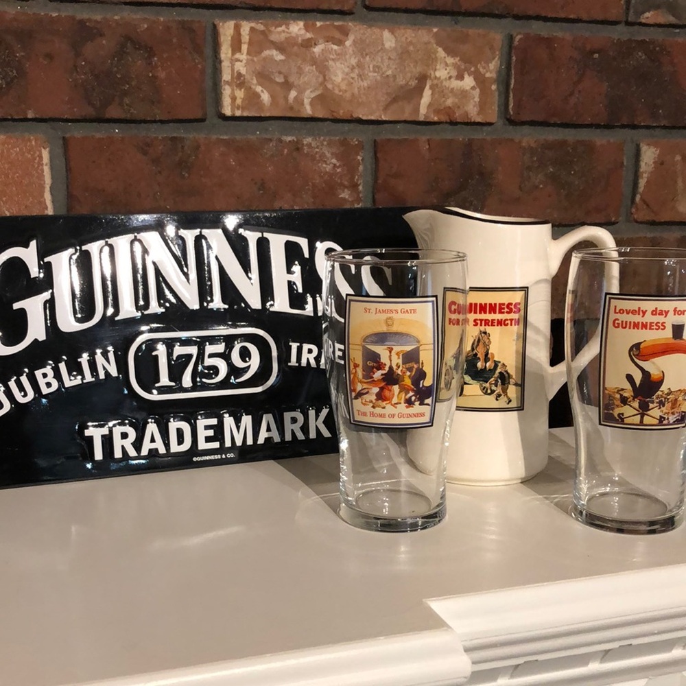 Guinness Black Metal Sign, 2 Pint Glasses and Ceramic Pitcher Jug